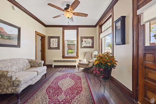 105 S 500 E, Salem, UT 84653 - living room with radiator heating unit, baseboards, wood finished floors, a ceiling fan, and ornamental molding