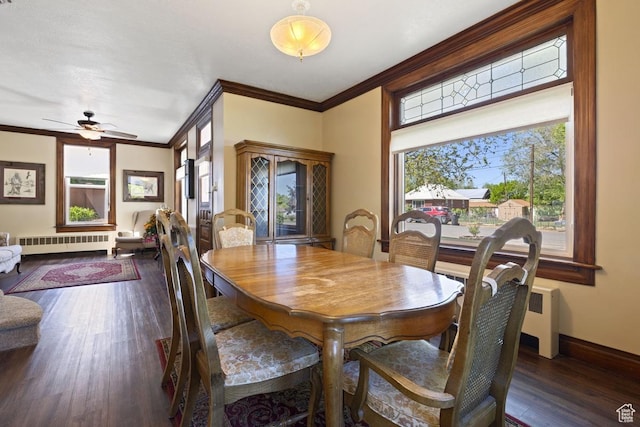105 S 500 E, Salem, UT 84653 - dining room featuring radiator, plenty of natural light, dark wood-style floors, ornamental molding, and ceiling fan
