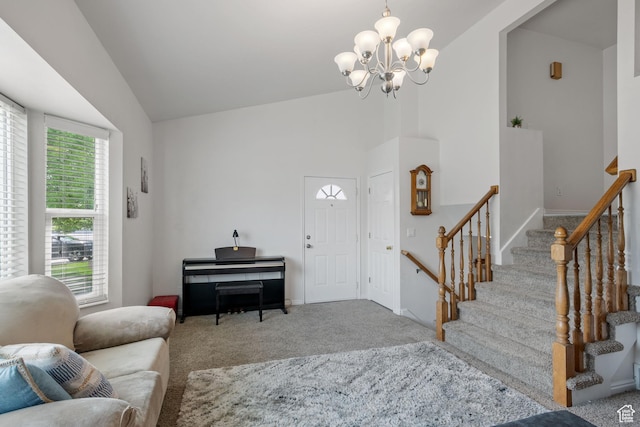 228 W 470 S, American Fork, UT 84003 - carpeted living area with a chandelier, stairs, high vaulted ceiling, and baseboards