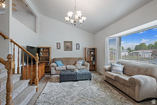 228 W 470 S, American Fork, UT 84003 - carpeted living area with a chandelier, lofted ceiling, stairway, and baseboards