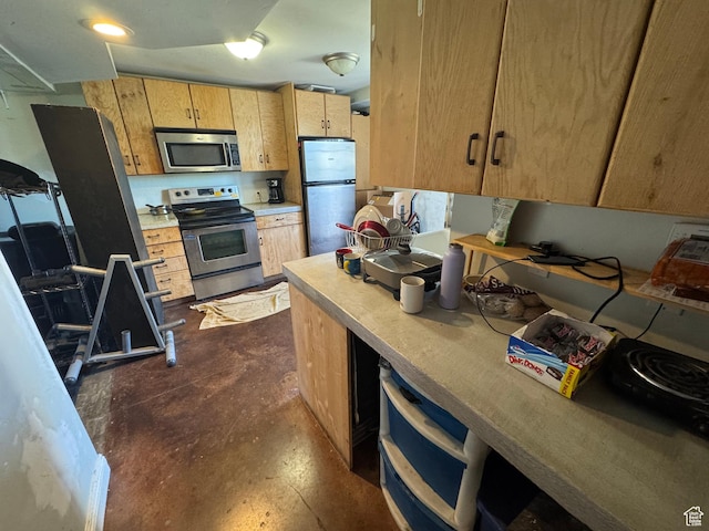kitchen with appliances with stainless steel finishes, light countertops, concrete floors, and light brown cabinets