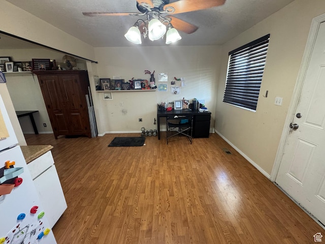 office featuring ceiling fan, light wood finished floors, and baseboards