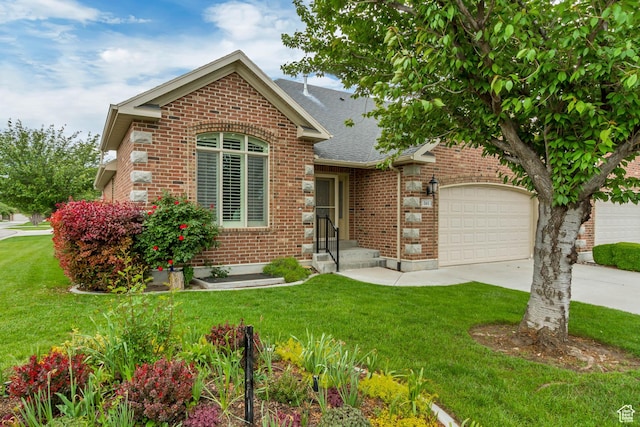 161 S 980 E, American Fork, UT 84003 - view of front of home with an attached garage, brick siding, driveway, a front yard, and a shingled roof