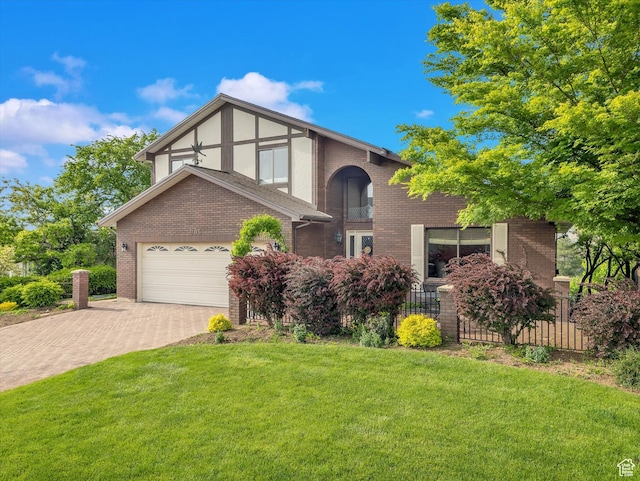 view of front of home with brick siding, driveway, and a garage