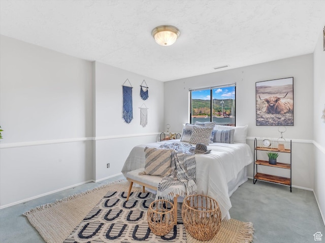 bedroom featuring carpet, a textured ceiling, and baseboards