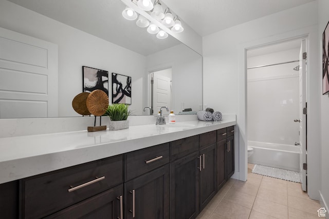 full bathroom with tile patterned flooring, vanity, toilet, and shower / bathtub combination
