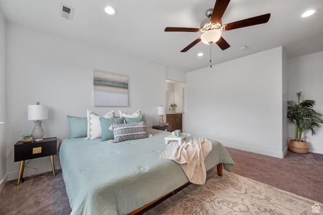 bedroom featuring carpet, recessed lighting, baseboards, and ceiling fan