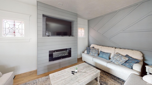 living room featuring wood finished floors, baseboards, and a fireplace