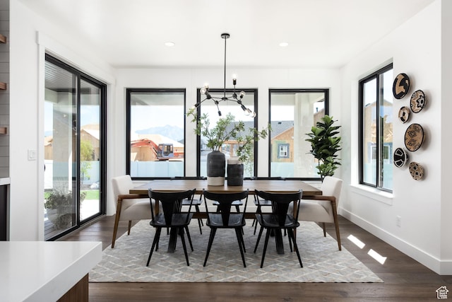 dining area with healthy amount of natural light, baseboards, dark wood-style floors, and recessed lighting