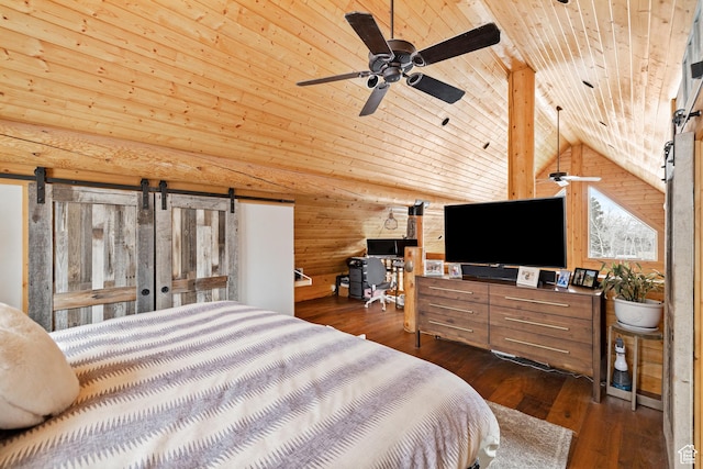 bedroom featuring wooden ceiling, lofted ceiling, dark wood finished floors, and a barn door