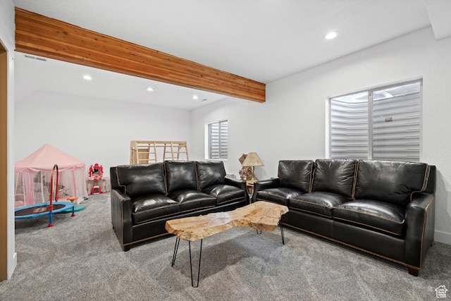 carpeted living room with recessed lighting and beam ceiling