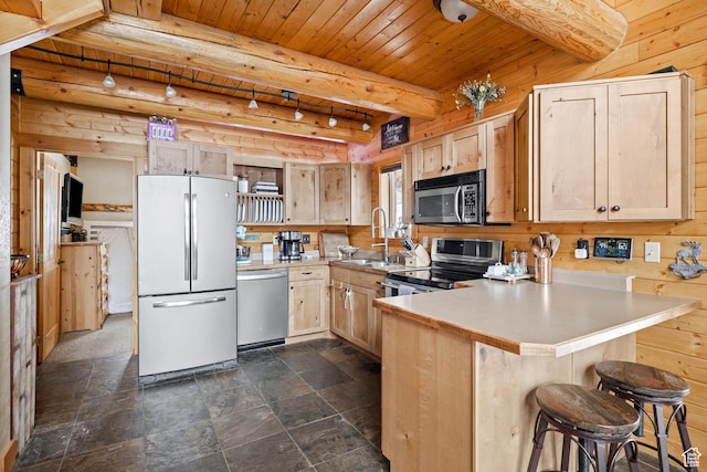kitchen featuring appliances with stainless steel finishes, a peninsula, light brown cabinetry, wood ceiling, and wooden walls