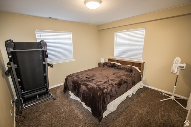 bedroom featuring carpet, multiple windows, and baseboards