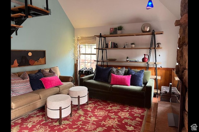 88 Stone Mountain Rd Unit 104B, Springdale, UT 84767 - living room with lofted ceiling and tile patterned flooring