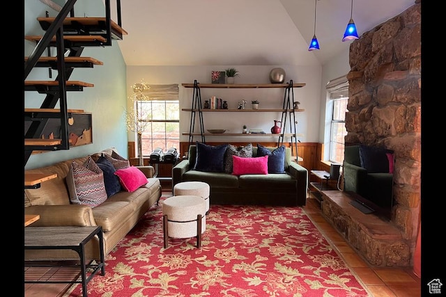 88 Stone Mountain Rd Unit 104B, Springdale, UT 84767 - living room with vaulted ceiling, healthy amount of natural light, and a wainscoted wall