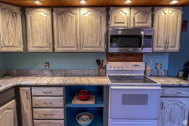 kitchen with stainless steel microwave, electric stove, recessed lighting, light countertops, and wooden ceiling