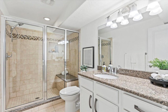 5153 W Bowstring Way S, Jordan, UT 84009 - bathroom with tile patterned flooring, a shower stall, toilet, vanity, and recessed lighting