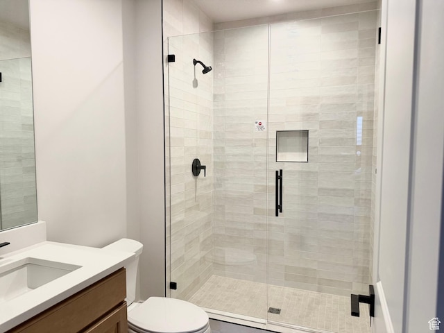 bathroom featuring toilet, vanity, and a shower stall