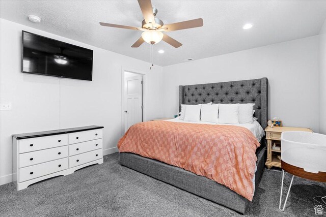 carpeted bedroom with recessed lighting, a ceiling fan, and baseboards