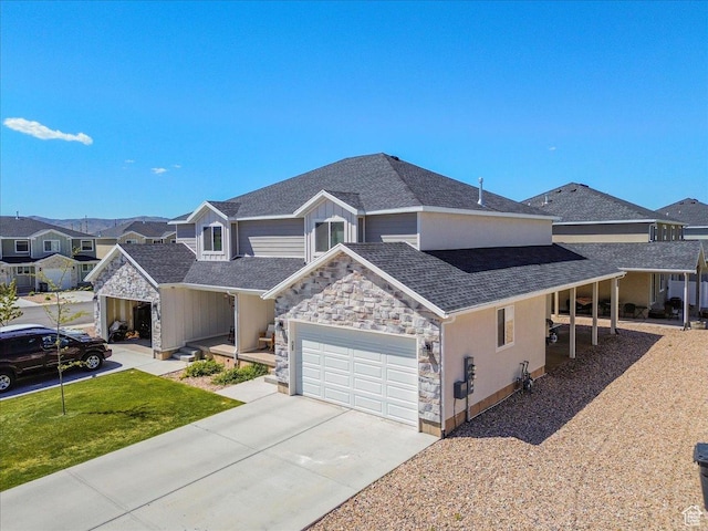 view of front of property featuring stone siding, an attached garage, concrete driveway, and roof with shingles
