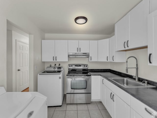 kitchen with electric stove, a sink, under cabinet range hood, white cabinets, and light tile patterned flooring