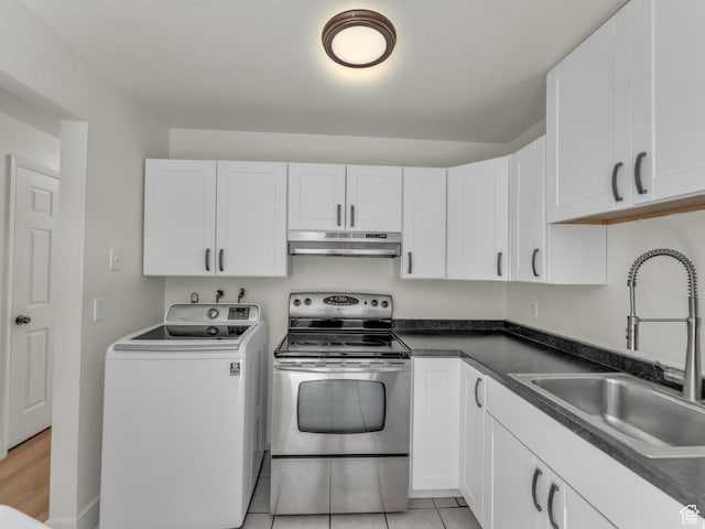kitchen with washer / dryer, electric stove, under cabinet range hood, a sink, and white cabinets