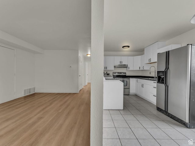 kitchen featuring fridge with ice dispenser, stainless steel range with electric stovetop, under cabinet range hood, white cabinets, and open floor plan