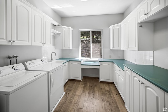 90 S Sherwood Dr, Providence, UT 84332 - clothes washing area with cabinet space, washing machine and clothes dryer, and dark wood-style floors