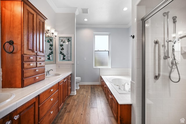 90 S Sherwood Dr, Providence, UT 84332 - bathroom featuring crown molding, a stall shower, wood-type flooring, a bath, and toilet