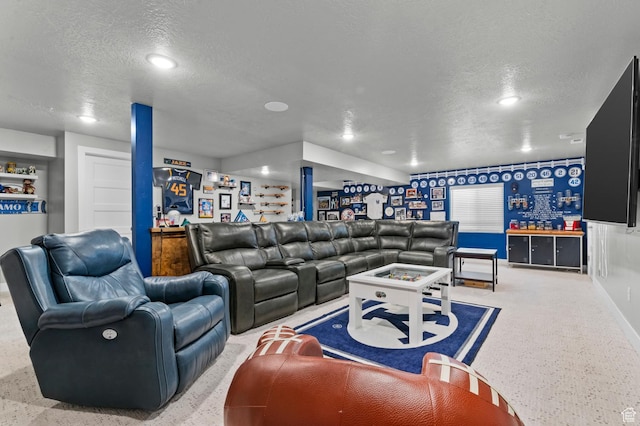 2546 N Wister Ln Unit 334, Lehi, UT 84043 - living room featuring a textured ceiling, recessed lighting, and a bar