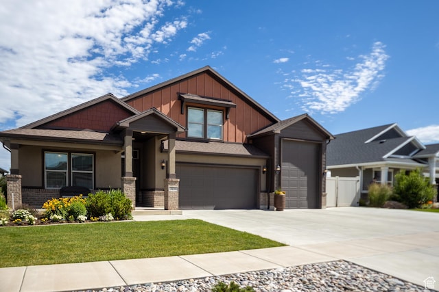 craftsman-style home featuring driveway, board and batten siding, an attached garage, stucco siding, and a garage