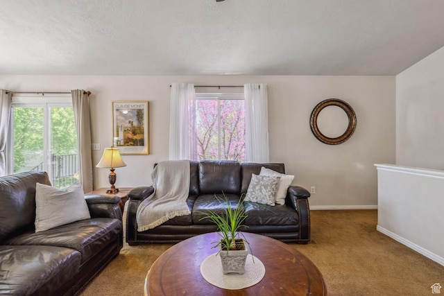 carpeted living room featuring baseboards