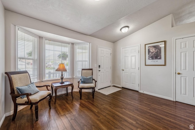 sitting room with dark wood-type flooring, lofted ceiling, a textured ceiling, and baseboards
