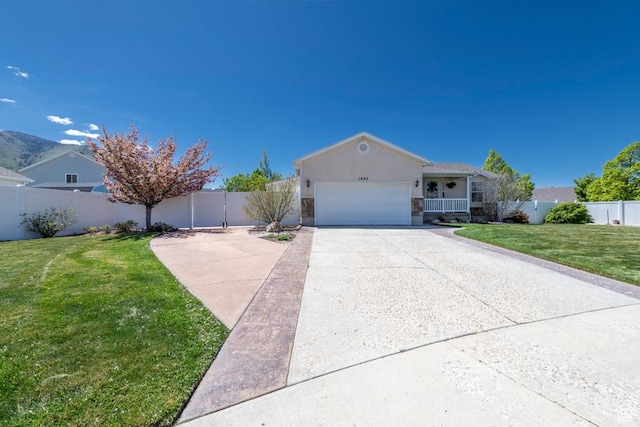 single story home with a garage, driveway, stucco siding, and a gate