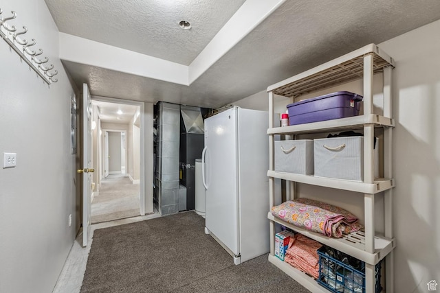 basement with freestanding refrigerator, a textured ceiling, and carpet flooring