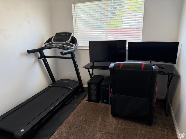exercise area featuring carpet flooring and baseboards