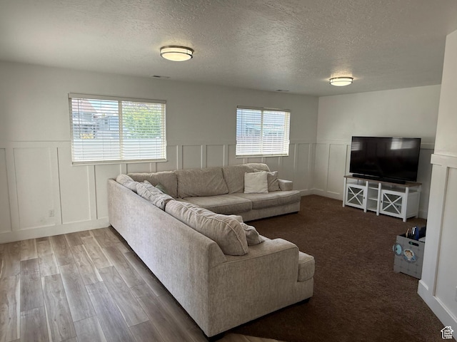 living area featuring a decorative wall, a textured ceiling, a wainscoted wall, and wood finished floors
