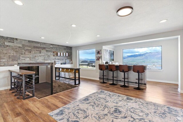 indoor bar with wood finished floors, a textured ceiling, baseboards, and recessed lighting