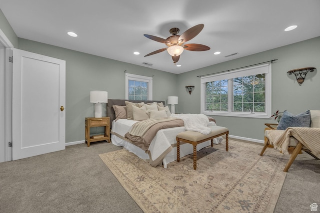 bedroom with recessed lighting, baseboards, a ceiling fan, and light colored carpet