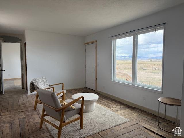 living area with baseboards and parquet flooring
