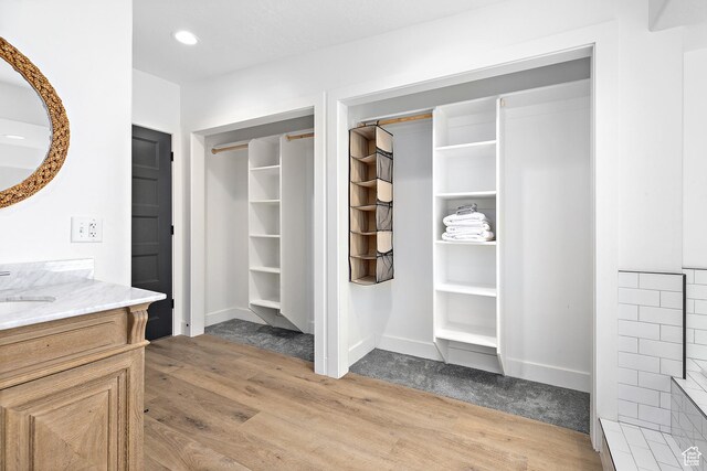 spacious closet with light wood-type flooring and a sink