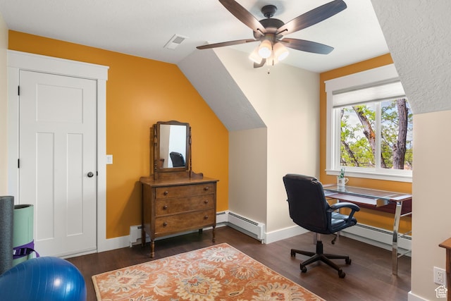 home office featuring a baseboard radiator, dark wood-style floors, ceiling fan, a baseboard heating unit, and lofted ceiling