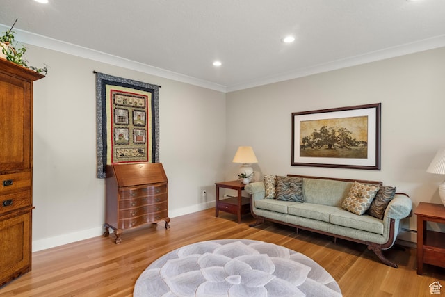 living room featuring crown molding, light wood finished floors, baseboards, recessed lighting, and a baseboard heating unit