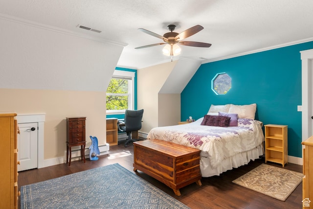 bedroom with wood finished floors, lofted ceiling, a ceiling fan, a baseboard radiator, and baseboards
