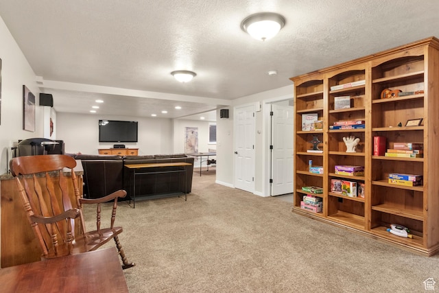 living area featuring carpet and a textured ceiling