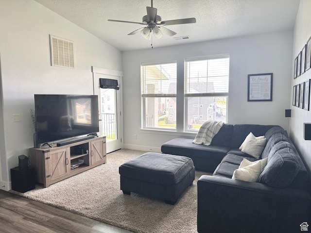 316 W 435 N, Vineyard, UT 84059 - living area featuring ceiling fan, a textured ceiling, wood finished floors, and baseboards