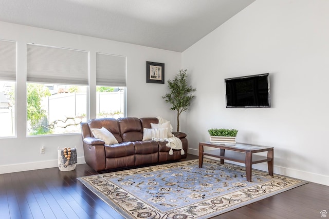 living area featuring baseboards, lofted ceiling, and wood finished floors