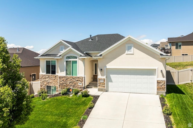 craftsman-style home featuring stone siding, stucco siding, a garage, concrete driveway, and cooling unit