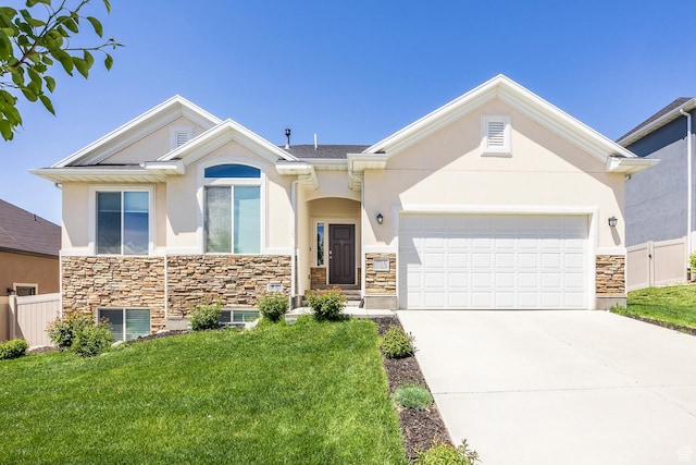 view of front facade with stone siding, stucco siding, driveway, and a garage