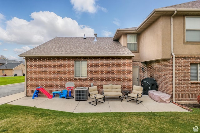783 W 175 S, Springville, UT 84663 - back of property with central AC, a patio area, a shingled roof, brick siding, and outdoor lounge area